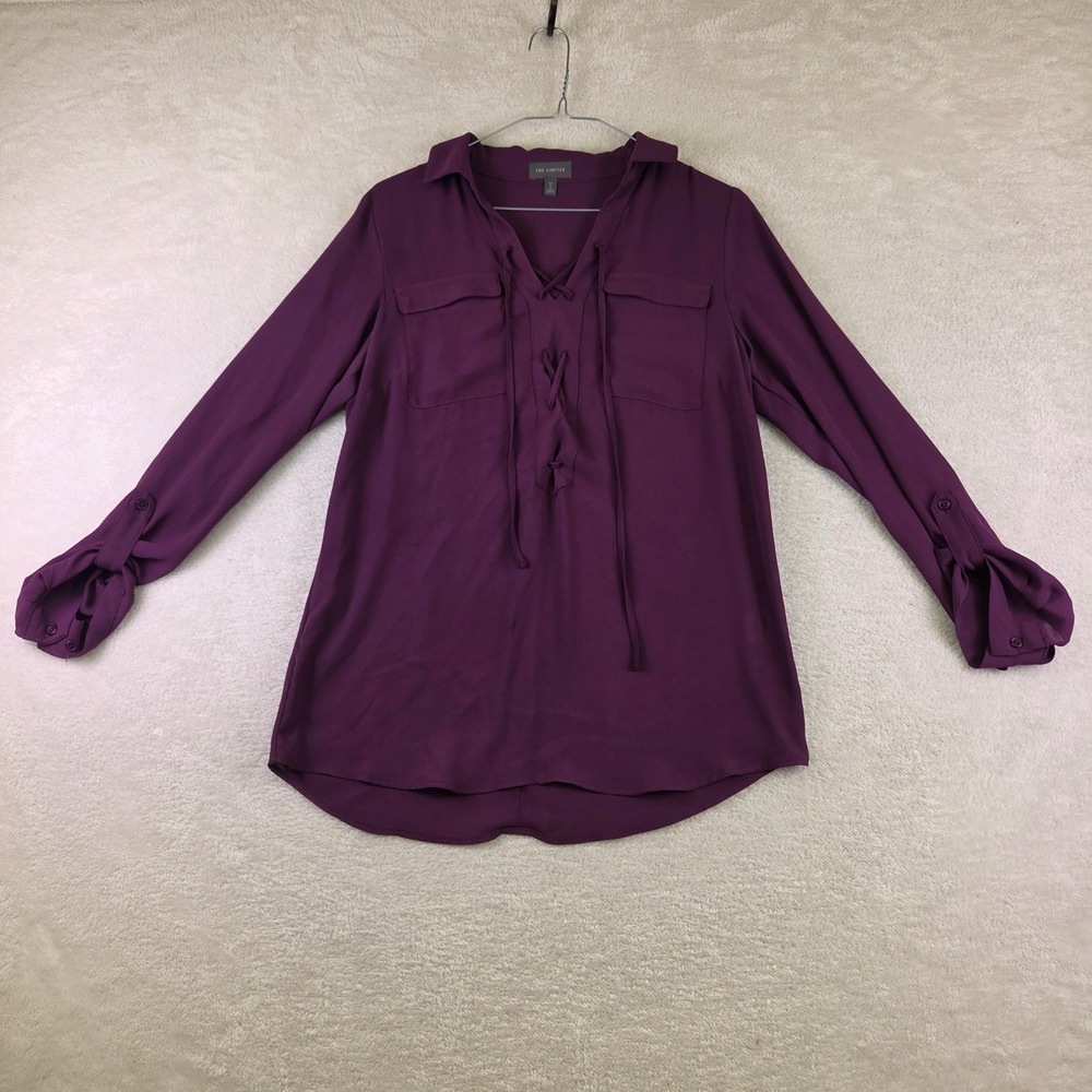 The Limited Tall Small Purple Lace Up V-Neck Long Sleeve Blouse Pockets